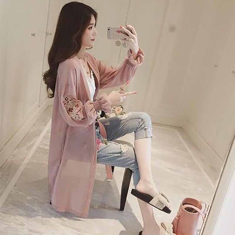 Summer Women's Cardigan Long Sleeved Sunscreen Chiffon Shirt Medium Long Anti Ultraviolet Embroidered Shawl Ultrathin Coat