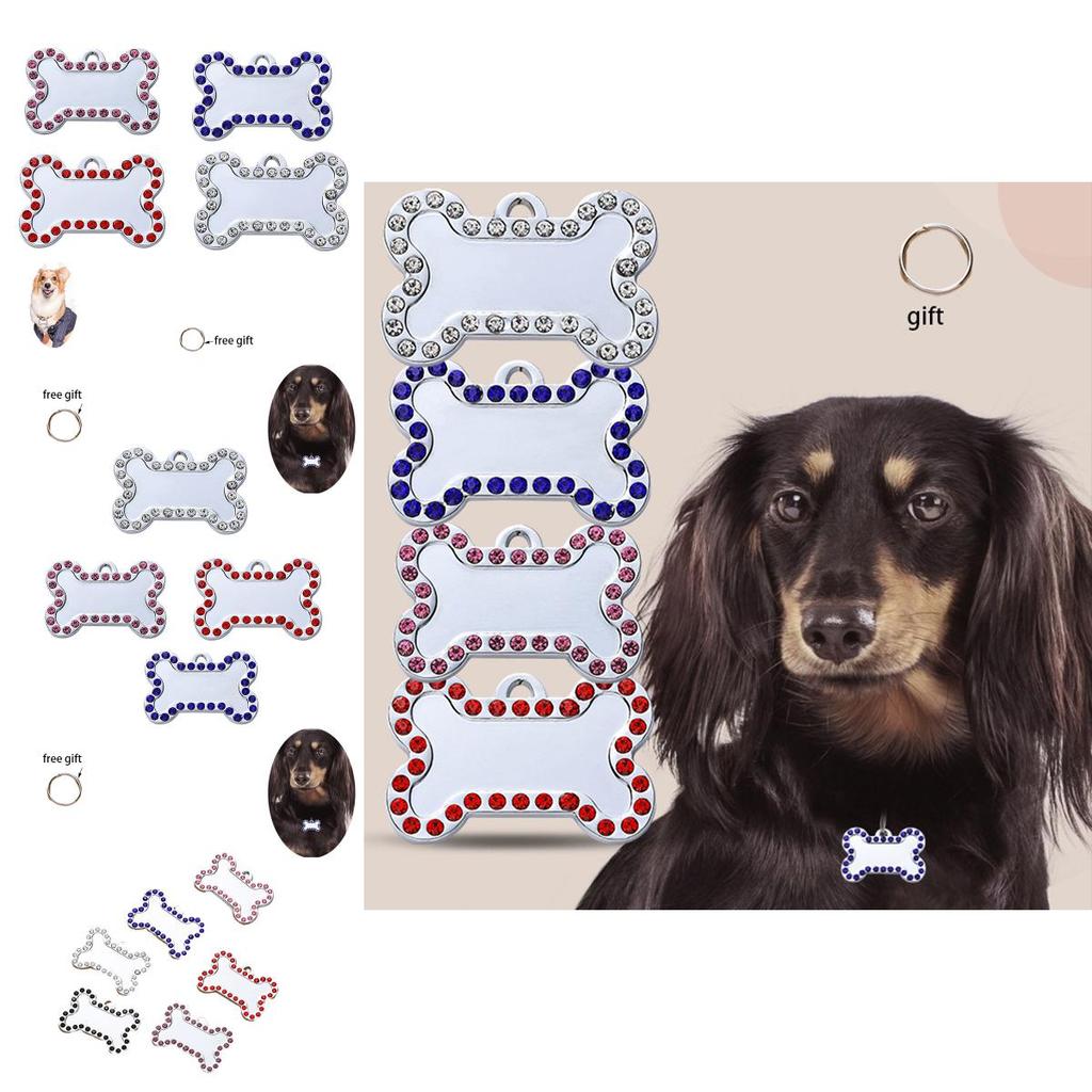 Pet Diamond Edge Dogs Tag Bone Shaped Anti Loss Jewelry Metal Pink Pendant Blue