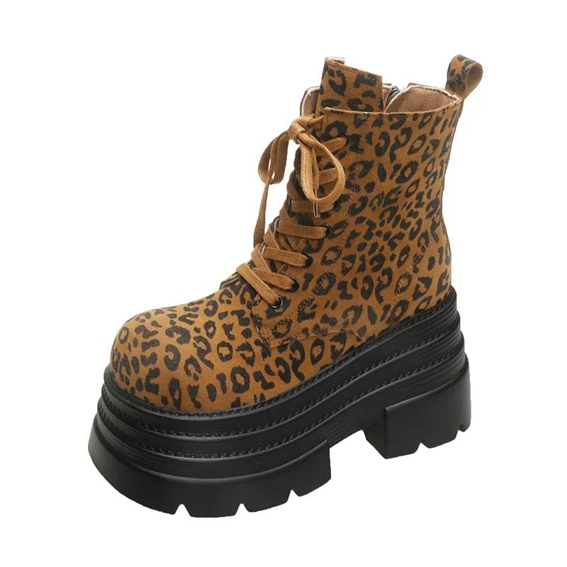 Модные женские ботильоны на платформе 10 см с леопардовым принтом, мотоциклетные ботинки, массивные кроссовки на шнуровке, трендовые зимние готические короткие ботинки Mujer