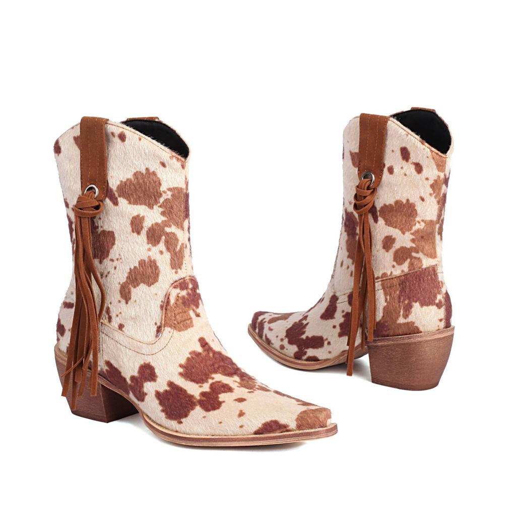 Krazing Pot Осенне-зимняя обувь из искусственного меха на толстом высоком каблуке, ковбойские сапоги с леопардовым узором, европейский стиль, сохраняющие тепло, ботильоны