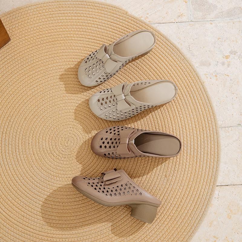 Johnature Женские тапочки из натуральной кожи с толстым каблуком и цветочным узором, с круглым носком, универсальная женская обувь