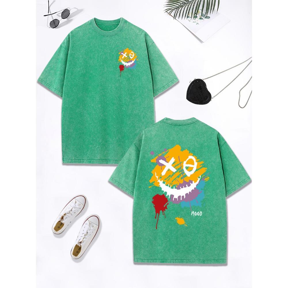 Happy Mood Paint Graffiti Prints Washed T-Shirt Women Cotton Oversized Tops Comfortable O-Neck Distressed Clothes
