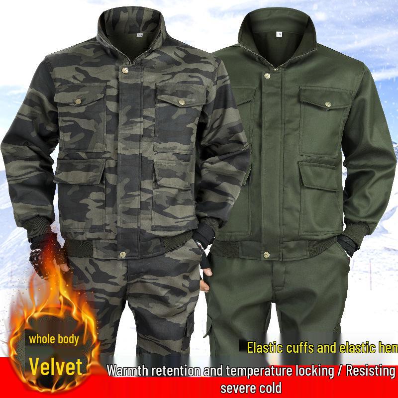 Men's Thickened Camouflage Workwear Set: Velvet-Lined, Cold-Resistant, Wear-Resistant for Welding & Auto Repair