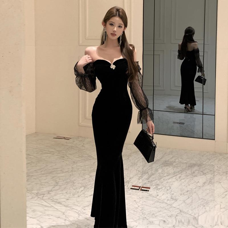 Women's Celebrity Lace Stitching Slim Fit Velvet Dress