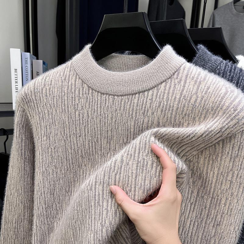 Men's Ferret Velvet Knit Fleece Pullover: Warm Round Neck Casual Fashion Base Layer Sweater