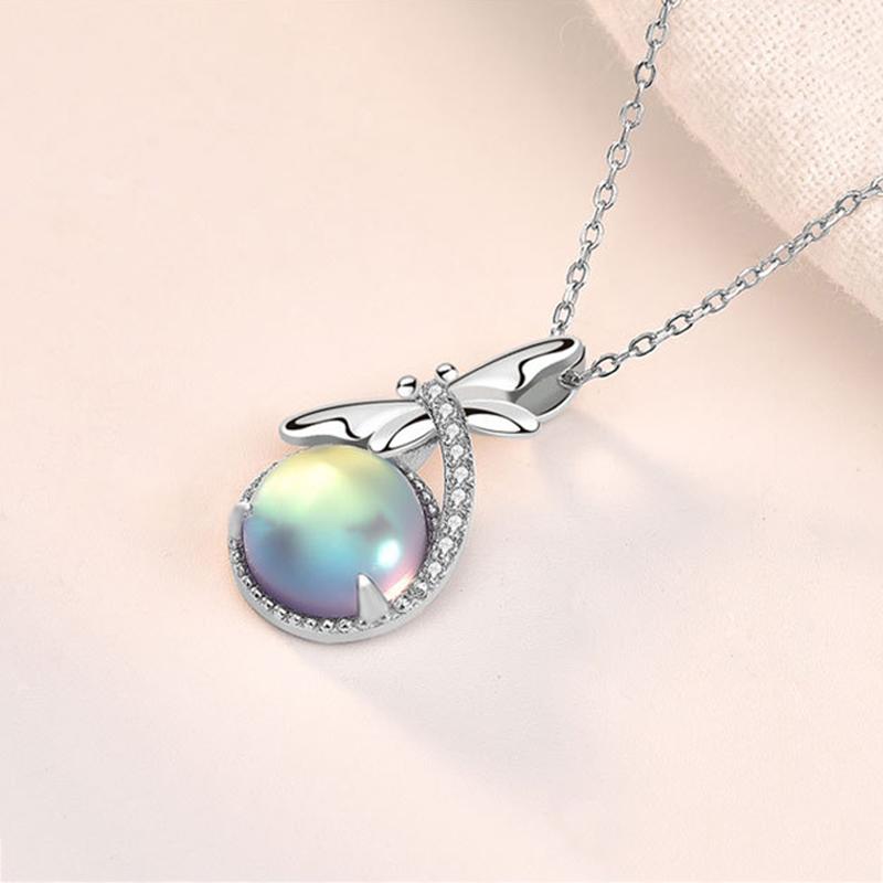 S925 Silver Dragonfly Pendant Necklace with Moonstone for Women