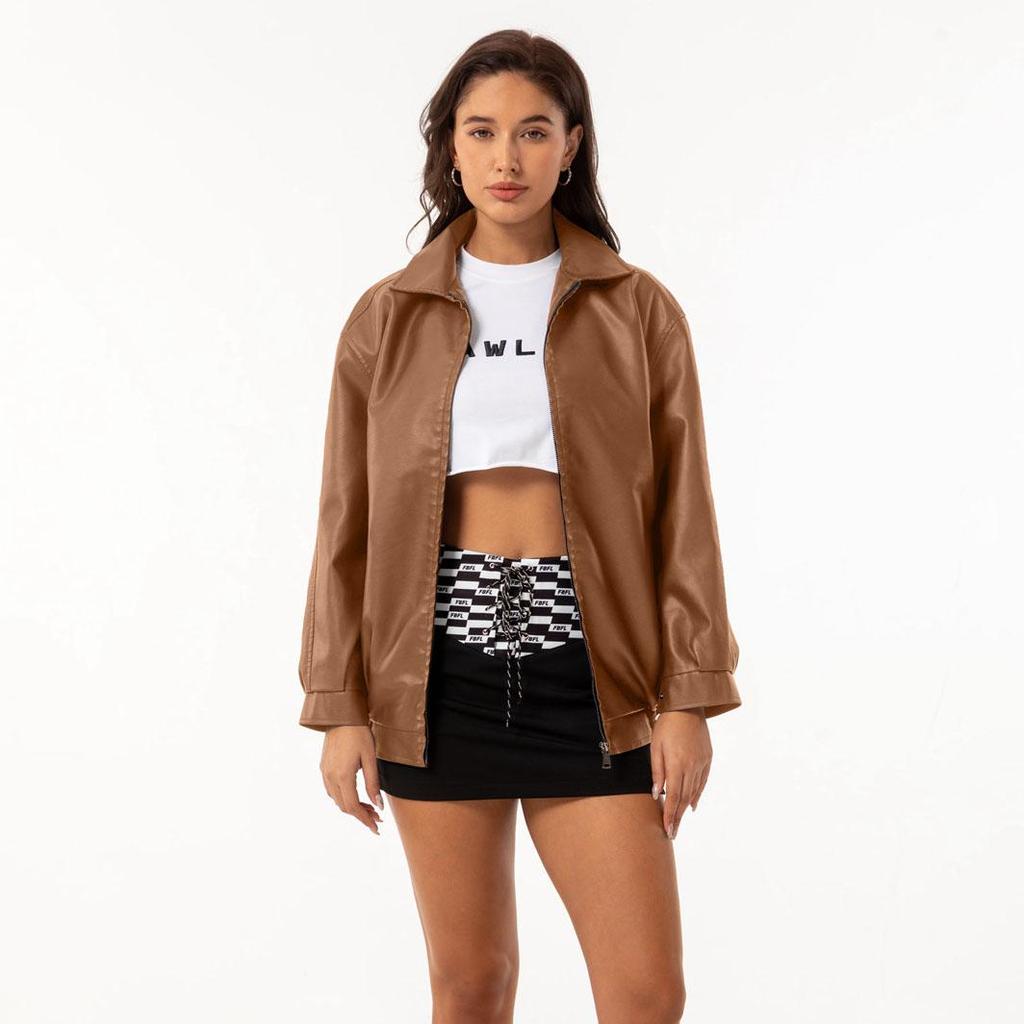 Осень-зима Женская приталенная куртка из искусственной кожи с воротником-лацканами и длинным рукавом на молнии