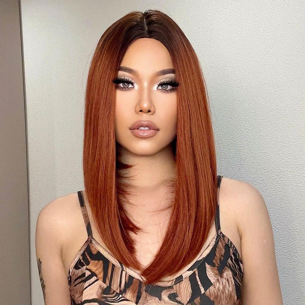 EASIHAIR Medium Length Red Ombre Synthetic Natural Wigs Middle Part for Women Daily Cosplay Use Heat Resistant Fiber Hair Wigs