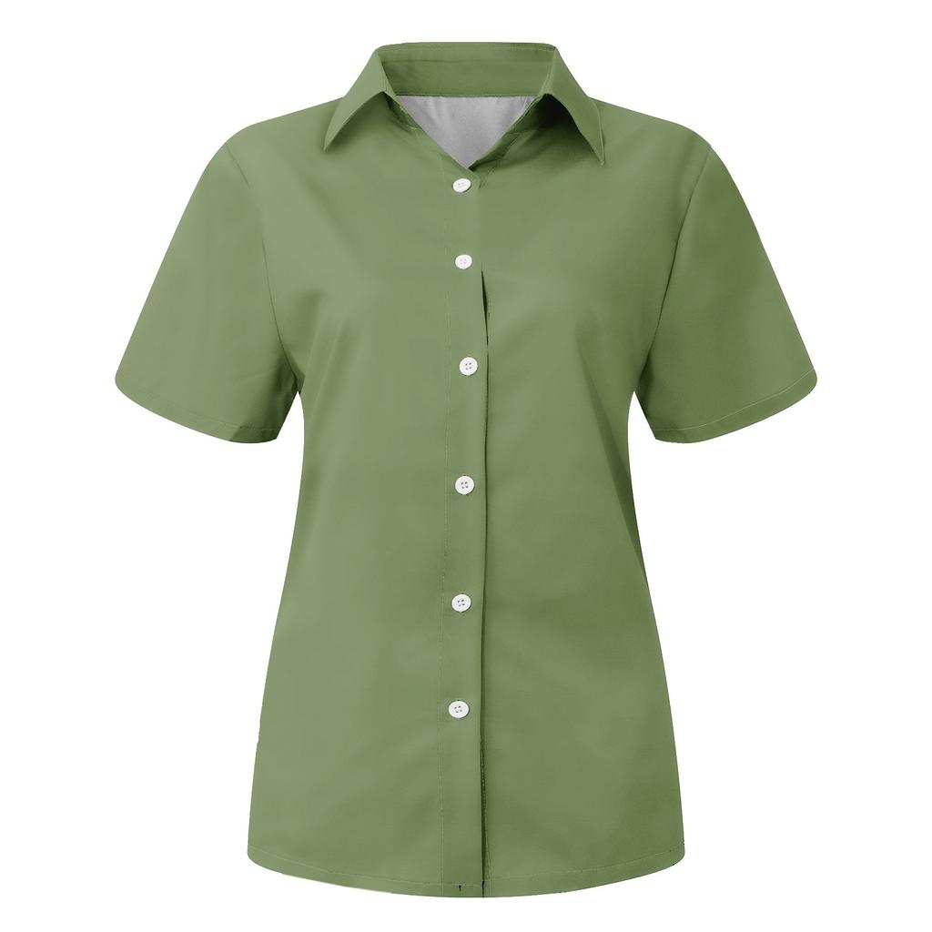 Women's Fashion Casual Short Sleeve Solid Color Buttons Lapel Shirt Top Blouse