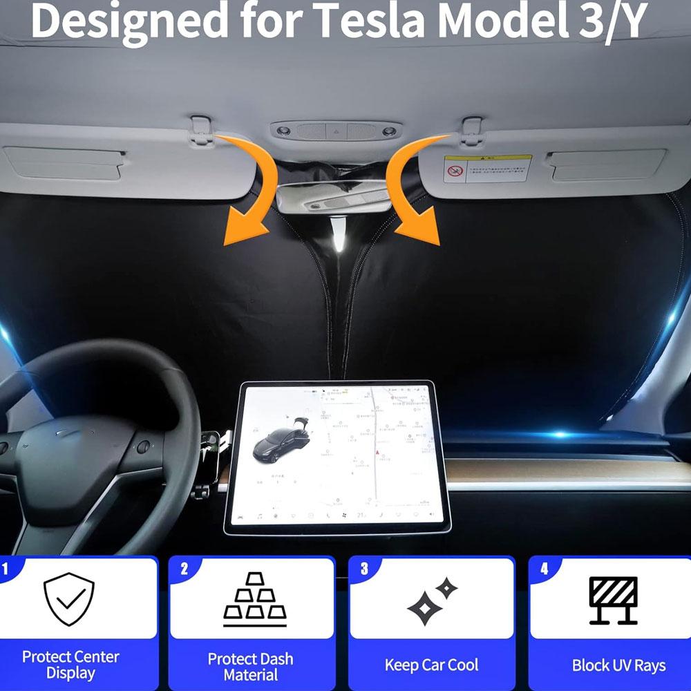 Windshield Sun Shade for 2017-2025 Tesla Model Y/3 (Fit 2025 Model Y Juniper/2024 Model 3 Highland) Upgraded Foldable Sunshade,Windshield Sunshades 1