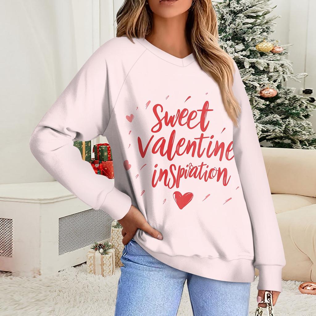 Женская повседневная мода комфорт с манжетой V-образным вырезом с принтом ко Дню святого Валентина пуловер с капюшоном