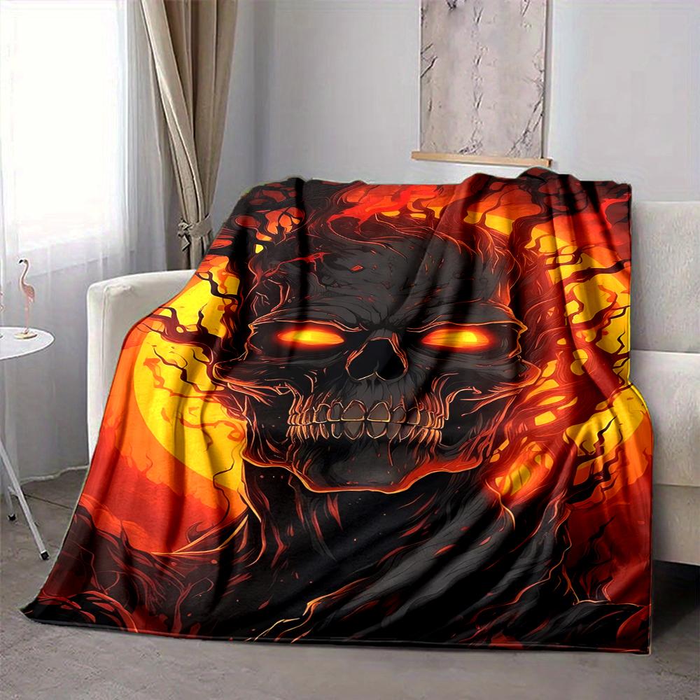 1Pc Hellish Skull Portrait Flannel Blanket, Soft And Comfortable, Casual Warm, Camping Travel, Christmas, Halloween Xmas Gift. G189