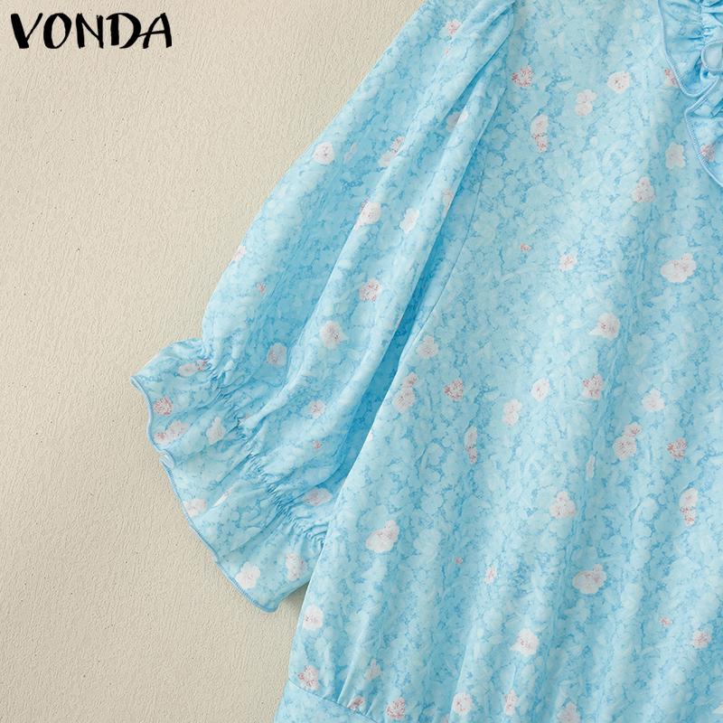 VONDA Женский летний сарафан с оборками и воротником-стойкой, коротким рукавом и цветочным принтом, повседневный, приталенный