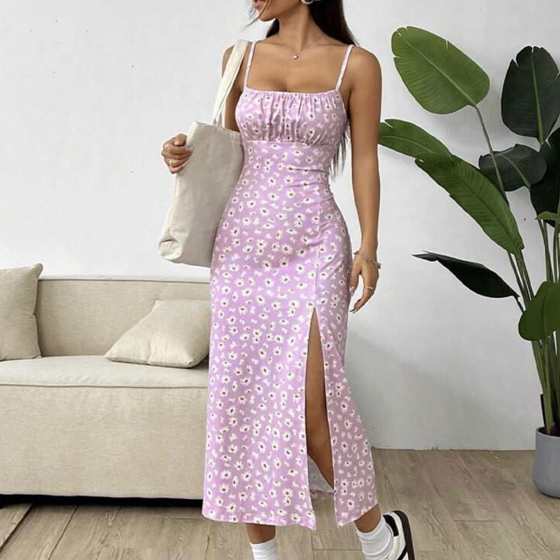 Женское весенне-летнее платье миди без бретелек с разрезом вокруг бедер и принтом «маргаритки»