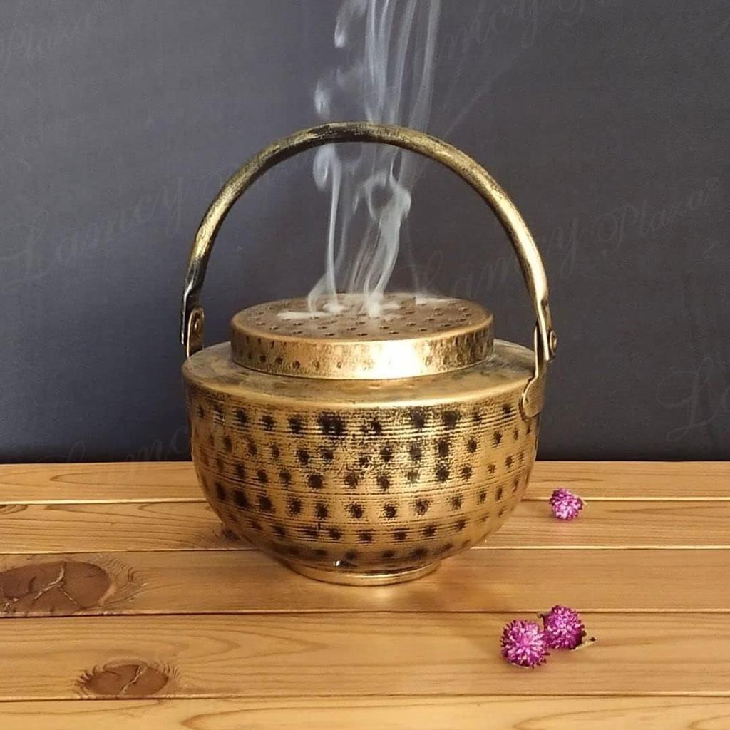 Antique Dhoop Dani Pot | Vintage & Heritage Decor Incense Dhoop Holder | Iron | Round | Antique Golden Finish | Size (L5 X W5 X H8 Inches)