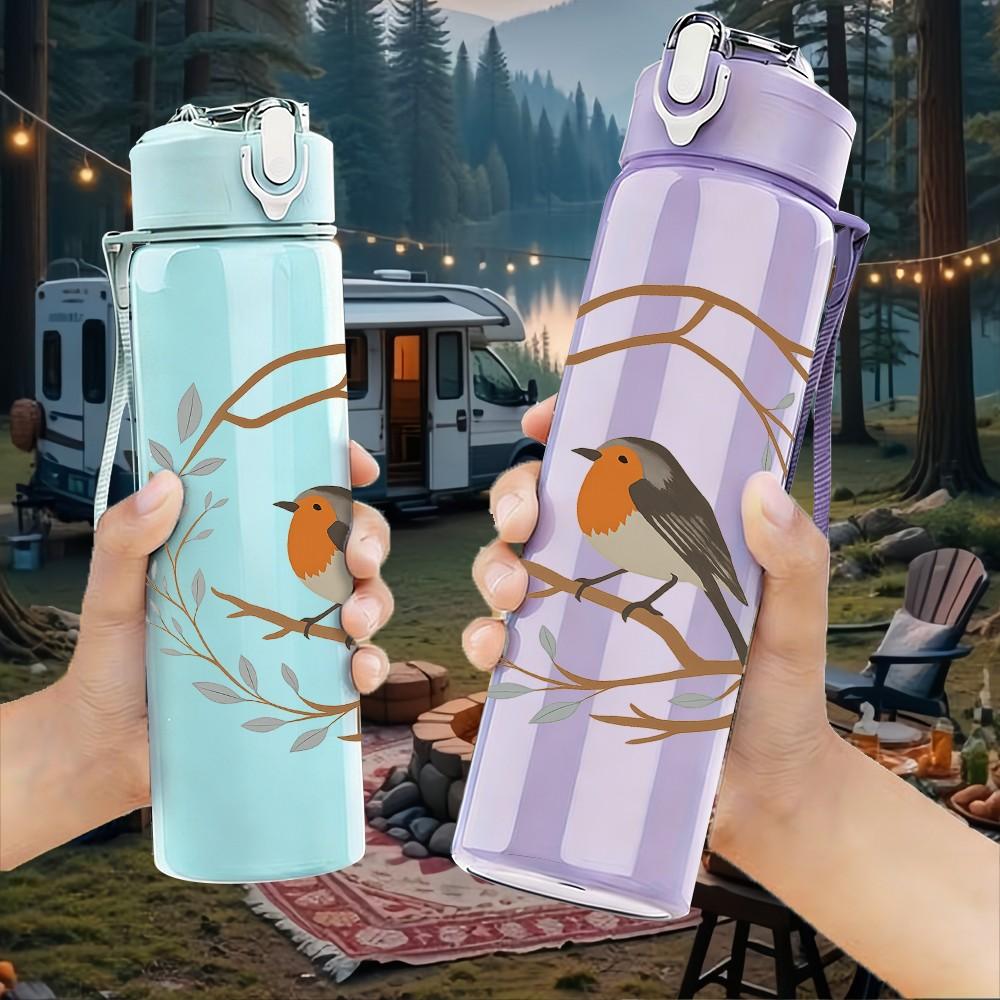 1PC Wreath Robin Bird Print 750ml Color Plastic Sports Water Bottle Leakproof Flip Straw Lid Suitable for Sports Office Home Use
