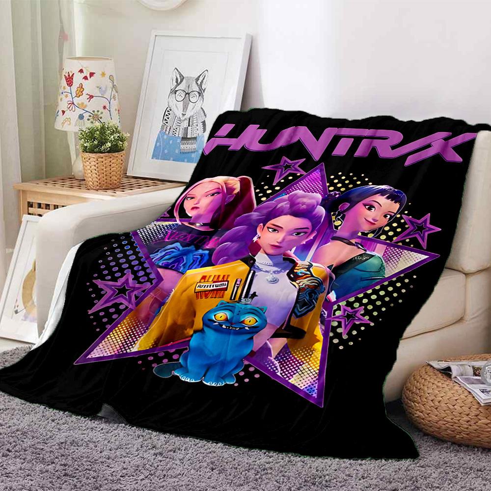 1pc Huntrix Team Flannel Throw Blanket - HD Printed Lightweight Soft Warm All-Season Blanket for Sofa, Bed, Travel, Camping - Machine Washable049