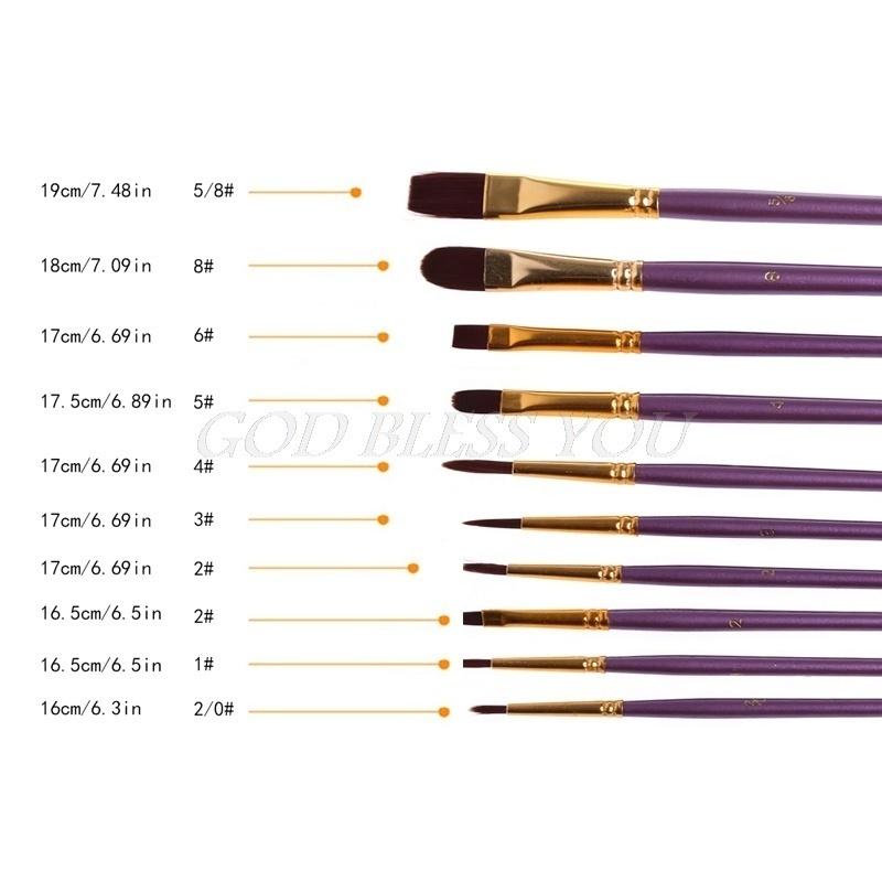 10 Pcs Artist Paint Brush Set Nylon Hair Watercolor Acrylic Oil Painting Drawing