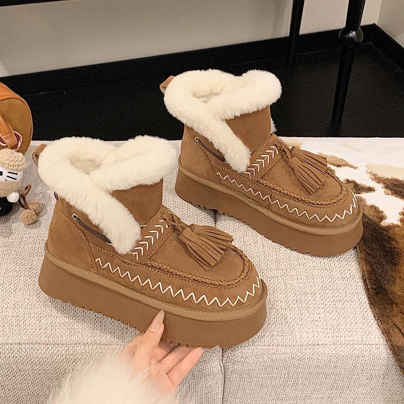 Fleece snow boots women's 2026 new winter thickened warm wool cotton shoes thick-soled versatile height-increasing short boots