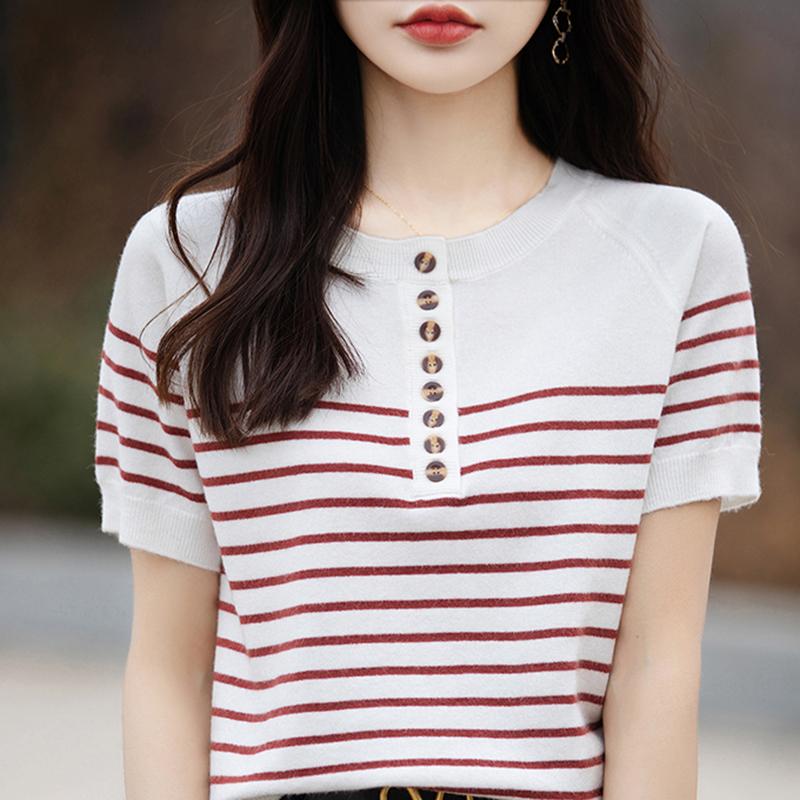 Женская вязаная футболка MODERN NEW SAGA, летняя вязаная рубашка, полосатые футболки с короткими рукавами, пуловер с круглым вырезом, вязаные топы