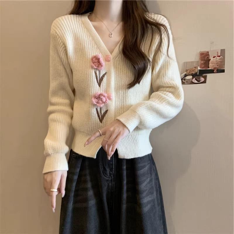 Толстый и нежный короткий вязаный кардиган свитер осенний сладкий трехмерный цветочный розовый топ