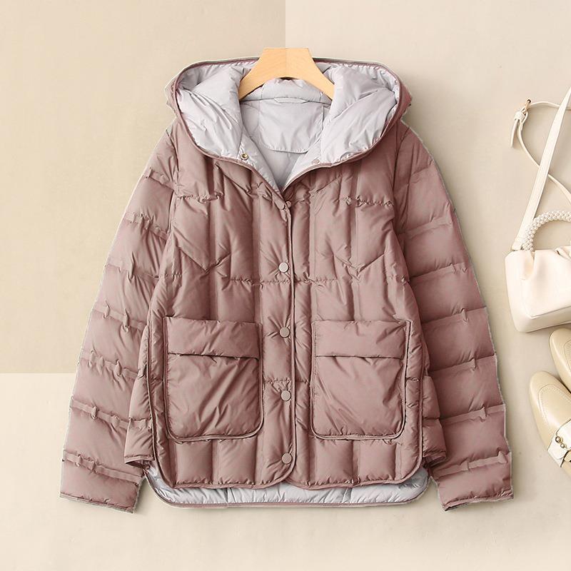 Light Down Jacket Women's Short Hooded Single Breasted Loose Straight Tube Autumn Winter White Duck Down Coat