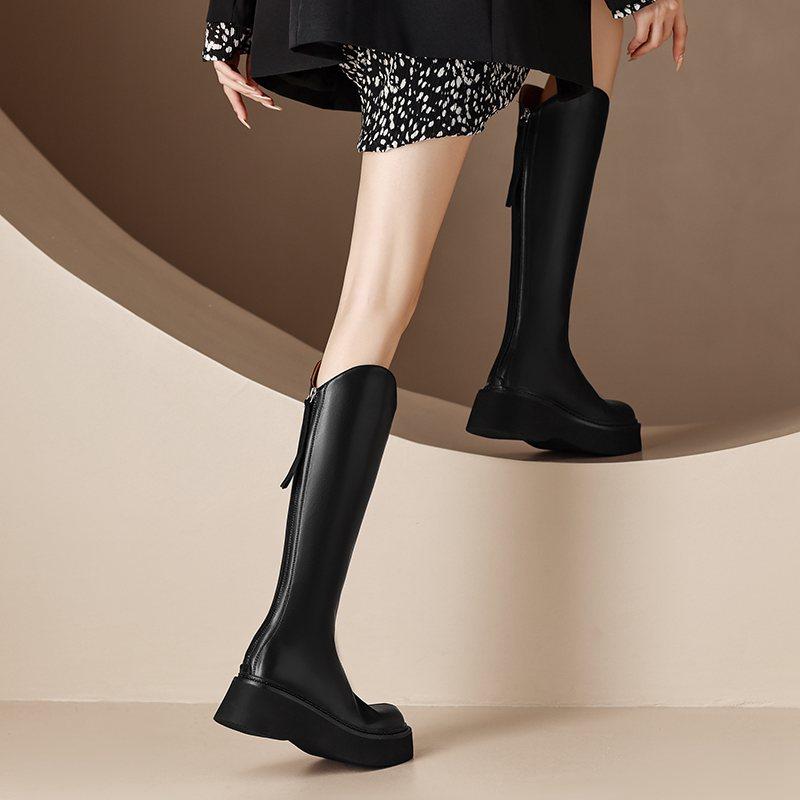 Krazing Pot Осенне-зимняя обувь из коровьего спилка, сапоги для верховой езды на толстой платформе, с круглым носком, сохраняющие тепло, на молнии, высокие сапоги до бедра