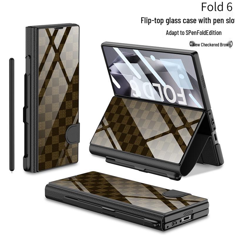 Кожаный чехол-книжка Samsung Z Fold 6 со слотом для стилуса и стеклянной крышкой – Стильный и деловой.