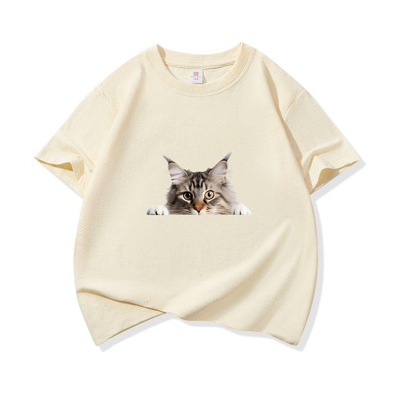 Kids Cotton T Shirt Peeking Maine Cat Pattern Print Crew Neck Short Sleeve Tee Casual Breathable Boys Girls Summer Tops
