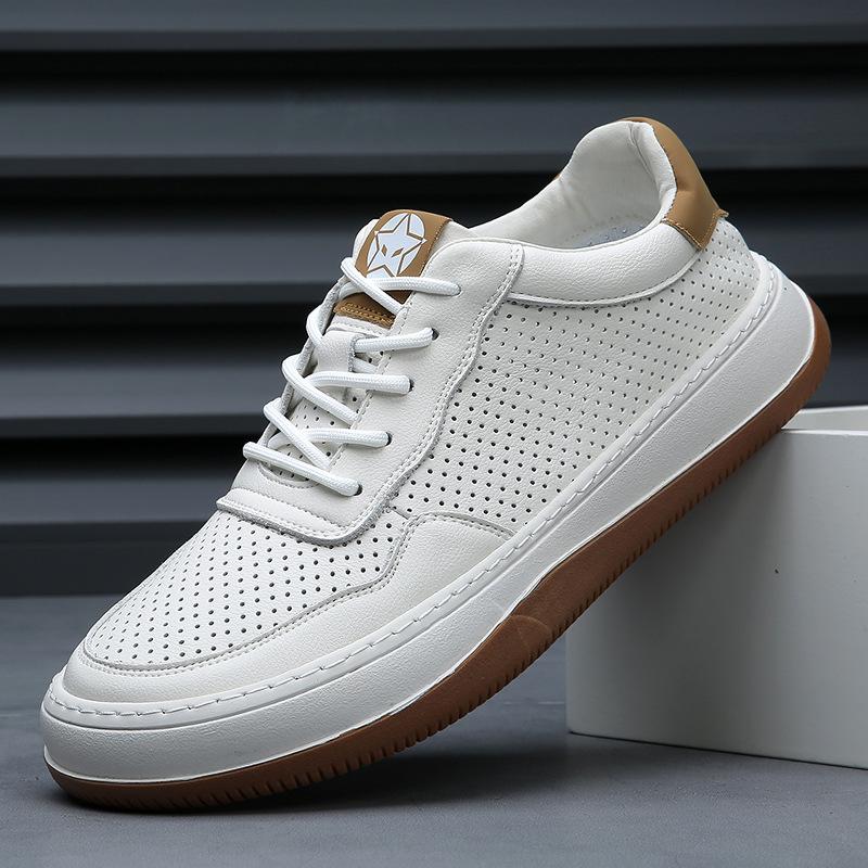 New men's shoes spring breathable casual shoes leather sports board shoes trend versatile thick-soled white shoes