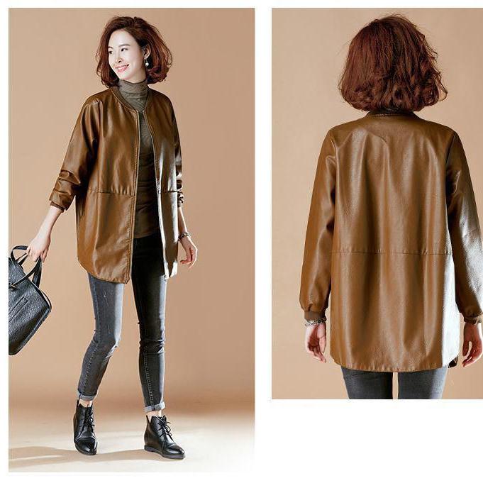 Autumn and Winter Fashion Women Leather Jacket Red Top Long Sleeve Black Coat