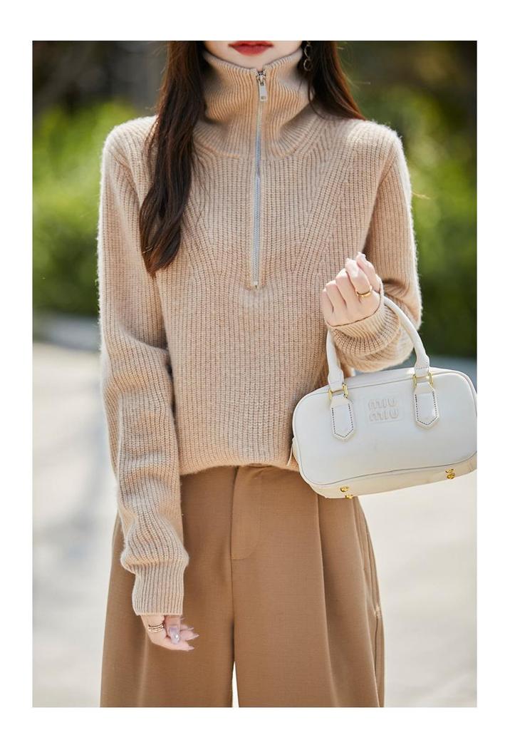 Women's Pure Wool Loose Fit Lapel Pullover Sweater - Versatile Semi-High Neck Knitwear for Autumn/Winter.