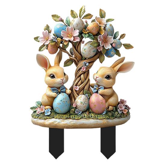 Easter Garden Stake 2D Acrylic Bunny Yard Decor Stake Cartoon Rabbit Colored Eggs Welcome Sign Stake Fairy Garden Accessories for Lawn Porch
