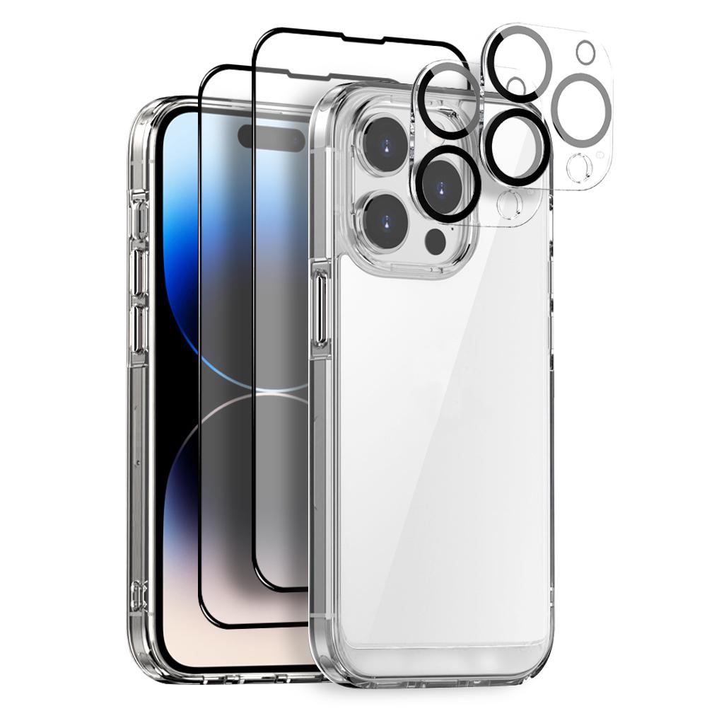 NORTHJO 5 in 1 For iPhone 14 Pro Clear Case PC+TPU Phone Cover Set with 2 Screen Protector,2 Camera Lens Protector