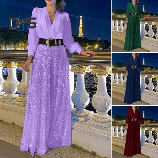 Women Jumpsuit Wide Leg Shiny Sequin Deep V Neck Long Lantern Sleeve Tight High Waist with Belt Solid Color Prom Cocktail Party Wedding Fake Dress