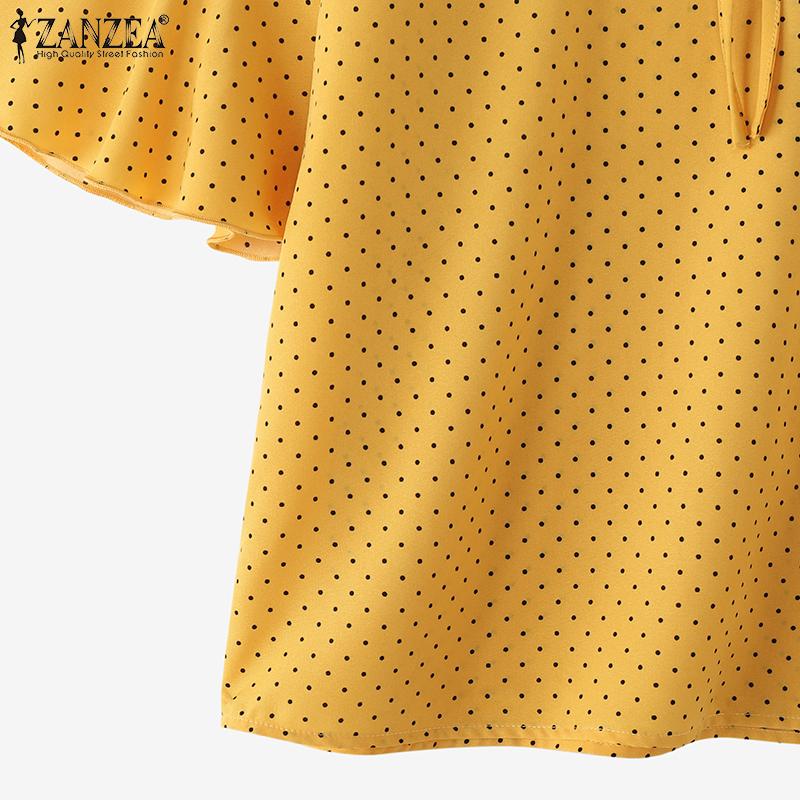 ZANZEA Женская летняя повседневная блузка с воротником-куколкой и коротким рукавом в горошек