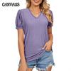 Summer Women's T-shirt Solid Color Lace Stitching Princess Sleeve Hollowed Out V-neck T-shirt Top Female