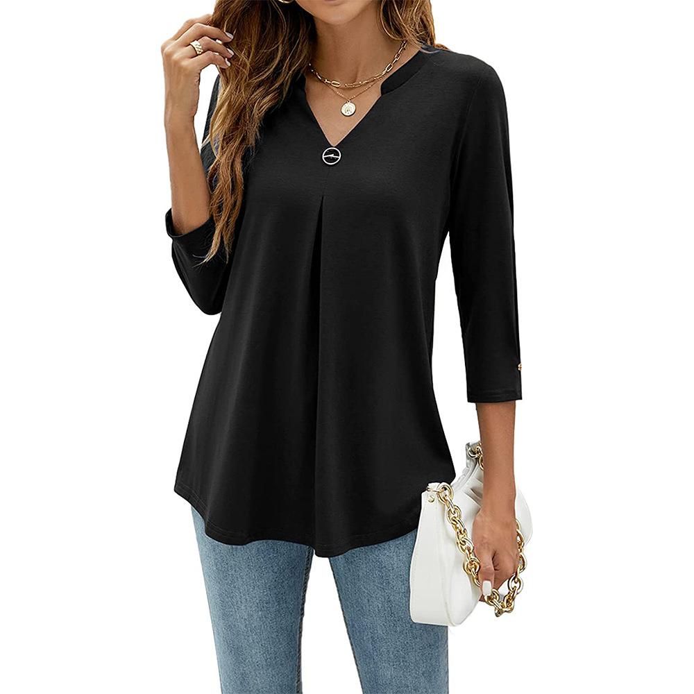 Women's V-Neck Tunic Blouse 3/4 Sleeve Shirts Loose Fit Top with Ring Detail, Casual Dressy Shirt for Work or Daily Wear Blouses Casual Tops S-XXL