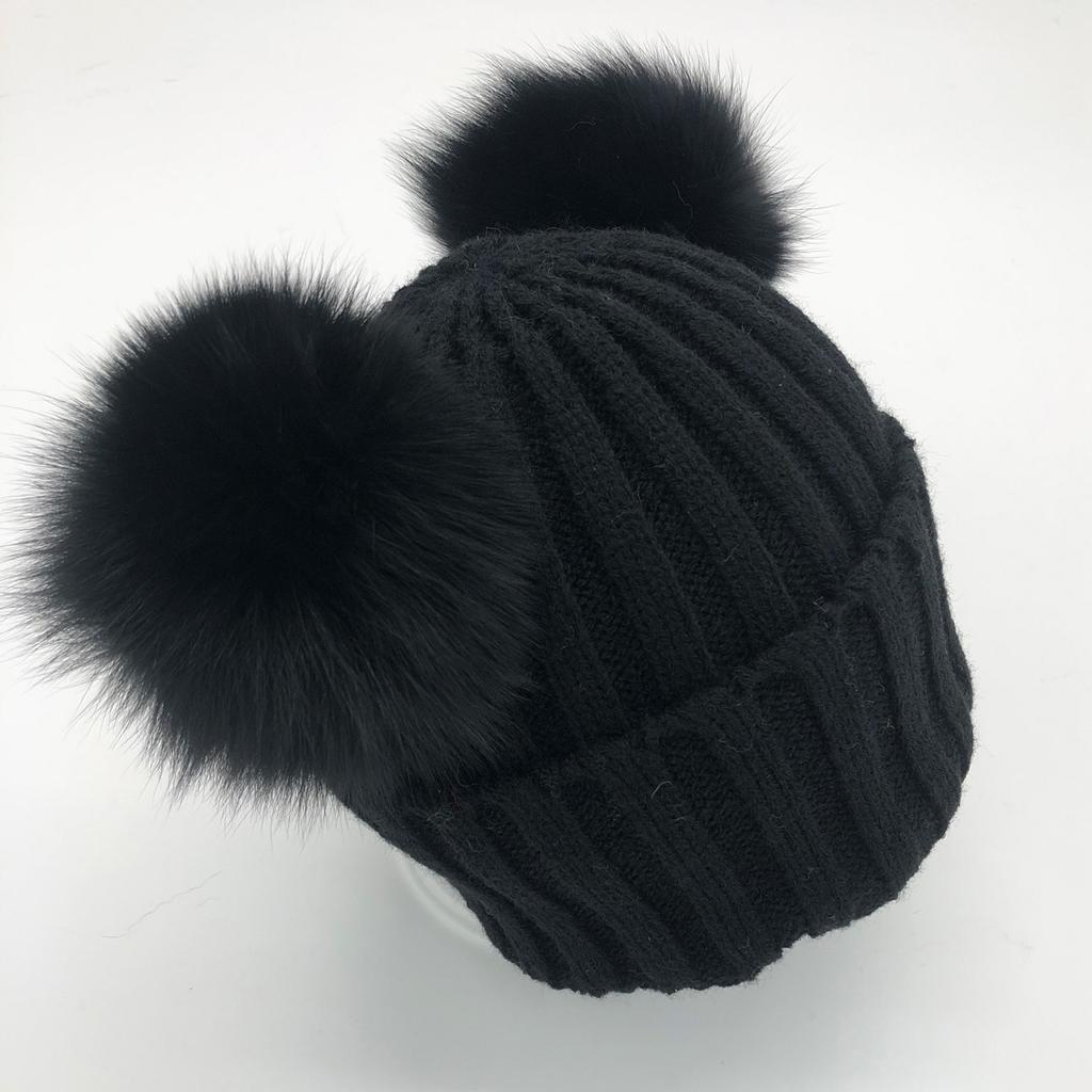 Custom Labels Double Pom Pom Baby Toddler Children Winter Beanie Knitted Hats With Fur Pompom