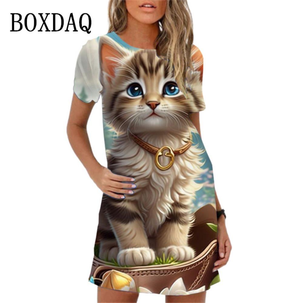 Милое женское повседневное мини-платье с рисунком животных из мультфильмов, с короткими рукавами, с собакой и кошкой, летнее новое женское платье-жилет