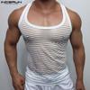 Men Summer Sleeveless See Through Mesh Striped Hollow Tank Tops