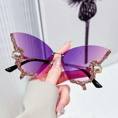 Солнцезащитные очки Y2K Luxury Diamond Butterfly для женщин, винтажные солнцезащитные очки без оправы, большие очки со стразами, женские очки