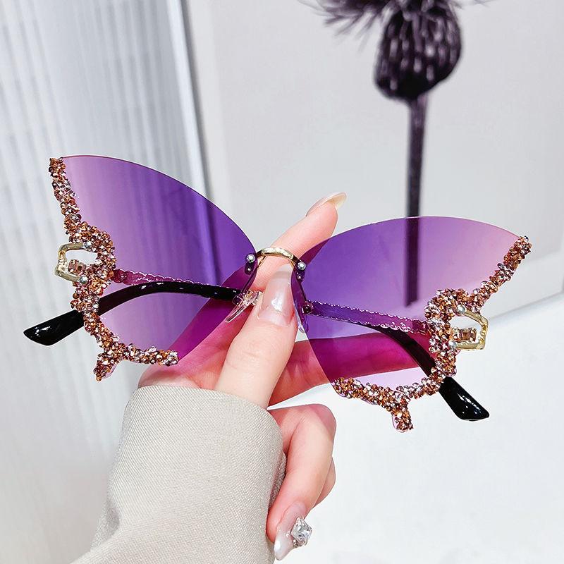 Солнцезащитные очки Y2K Luxury Diamond Butterfly для женщин, винтажные солнцезащитные очки без оправы, большие очки со стразами, женские очки