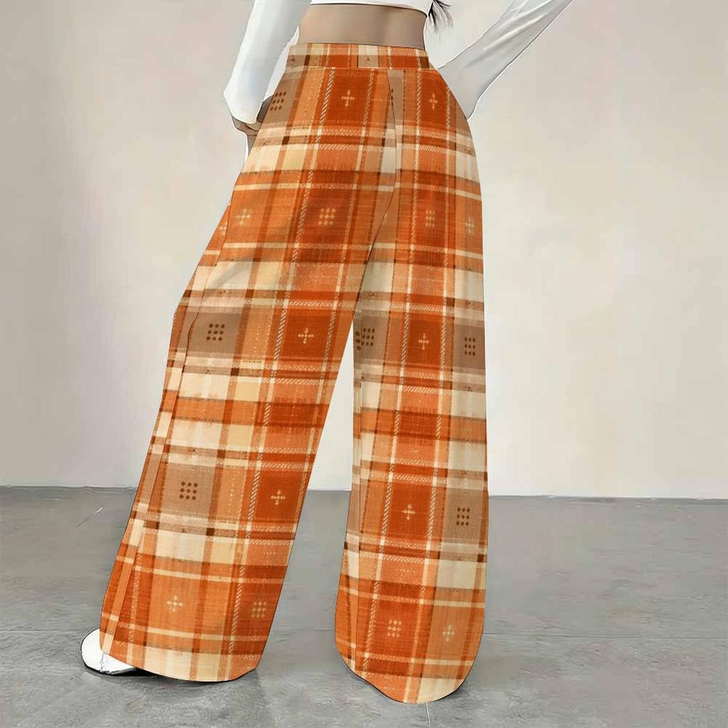 Женские брюки большого размера, оранжевая клетка, принт, на шнурке, свободные, прямые, полной длины
