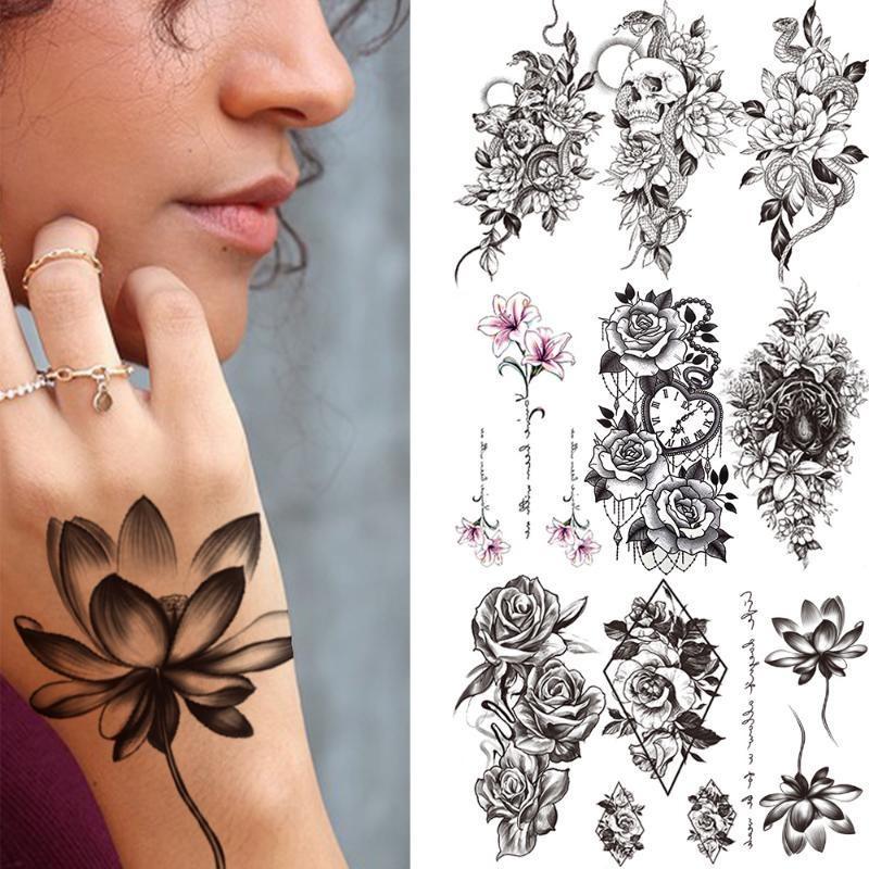 1 ШТ. 210*114 ММ Сексуальный Цветочный Узор Временные Татуировки Черной Розы для Женщин Водонепроницаемые Поддельные Татуировки для Рук Боди-Арт Рукав Наклейка Для Тела