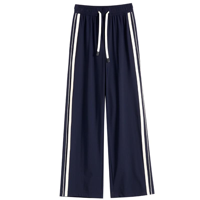 Women's Quick-Dry Ice Silk Wide-Leg Pants with Side Stripe - High Waist, Slimming, Draping Casual Sports Pants