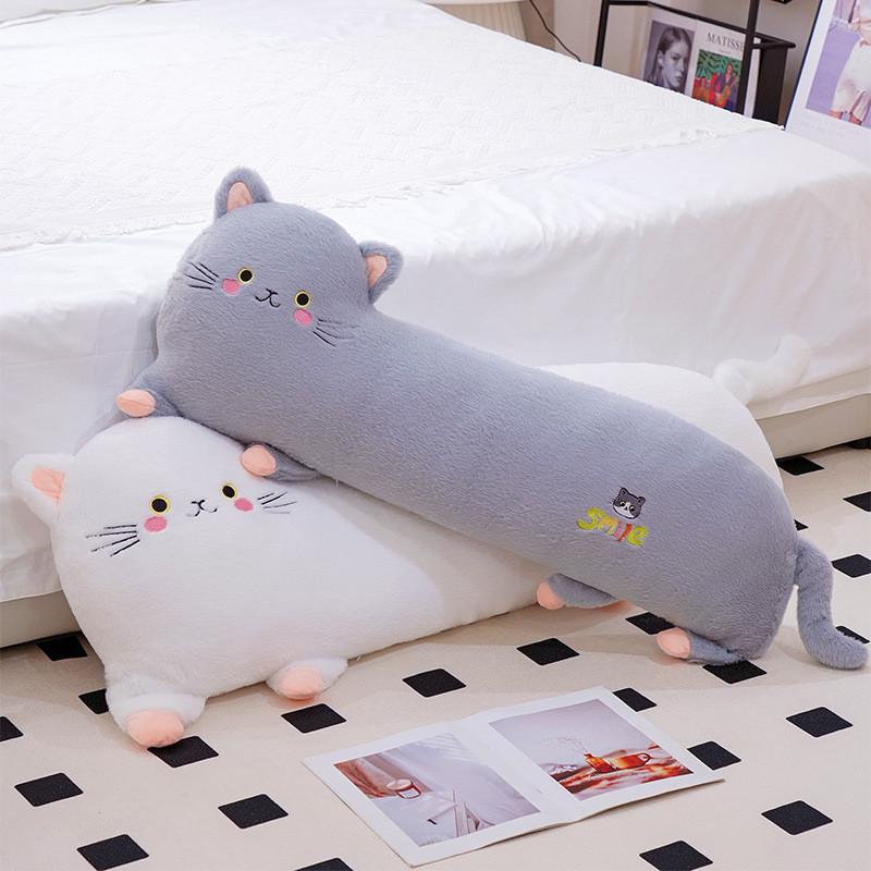 Adorable Gray White And Pink Plush Cat Pillow Soft And Cuddly For Childrens Playtime And Decor