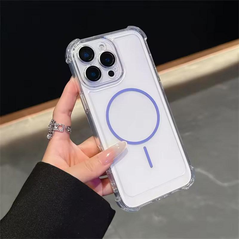 Роскошный Противоударный Прозрачный Чехол-бампер с Подушками Безопасности для MagSafe для iPhone 11 12 13 14 15 16 Pro Max Plus с Магнитной Беспроводной Зарядкой