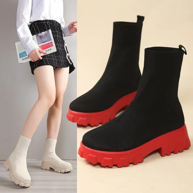 Spring Autumn New Women's Mid Calf Hoof Heels Sock Boots Slip On Round Toe Shoes for Women Ladies Breathable Platform Boots