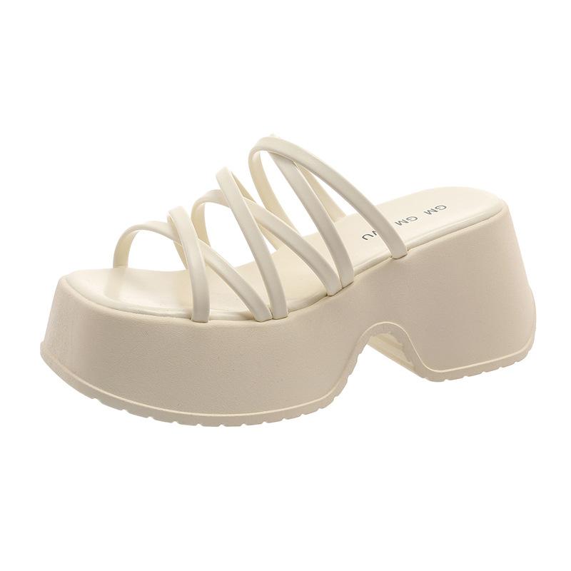 8 см Высокий каблук Толстая подошва Тапочки Женские летние модные туфли Универсальные тапочки для верхней одежды Тонкий ремень Платформа Римские сандалии